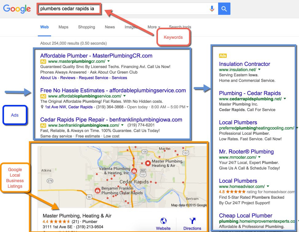 При поиске в местной компании вы заметите, что есть платные объявления от рекламодателей Google AdWords, а также списки местных компаний Google (область карты)